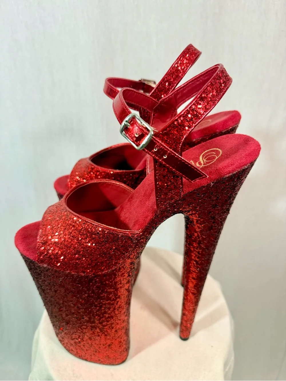 Pleaser 10” BEYOND Size 8 Red Glitter Platform dance heels with Ankle Strap